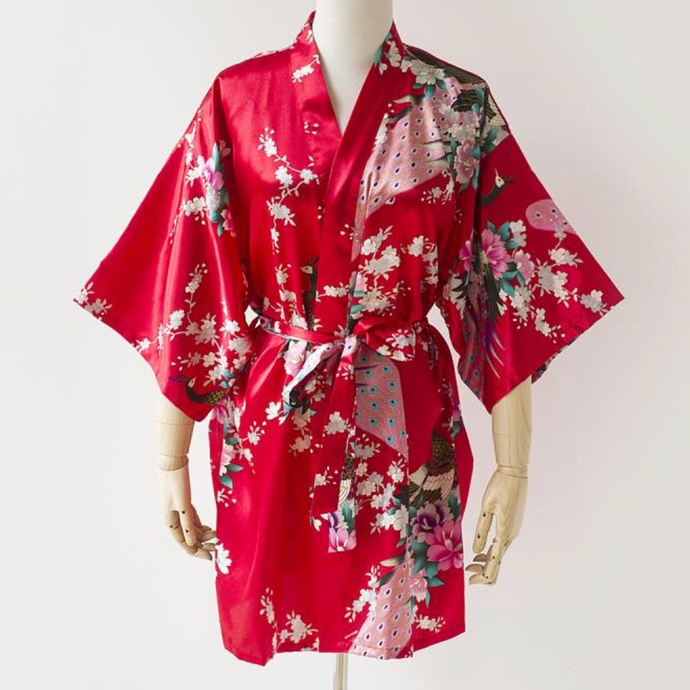 Red bridesmaid kimono peacock robe NWT